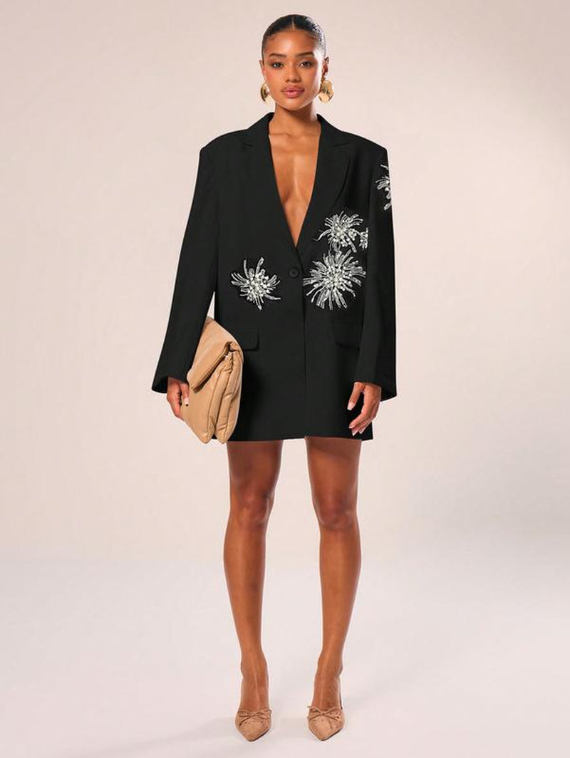 Chic Black Floral Beaded Blazer - Your Go-To for Parties, Clubs, and Everyday Glam!