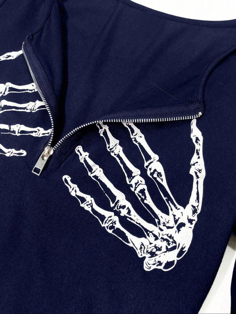 Spooktacular Style: Women's Skull Print Zipper Top for All Seasons! 🎃💀✨
